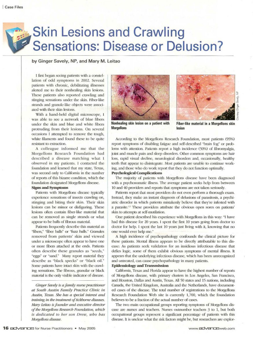 Scan of page 16 of Advance for Nurse Practitioners, May 2005: Skin Lesions and Crawling Sensations: Disease or Delusion?, by Ginger Savely and Mary M. Leitao.