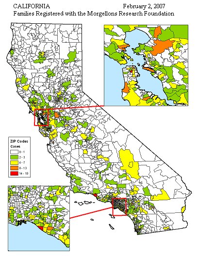California ZIP-code map of families registered with the Morgellons Research Foundation, February 2, 2007.