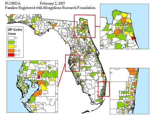 Florida ZIP-code map of families registered with the Morgellons Research Foundation, February 2, 2007.
