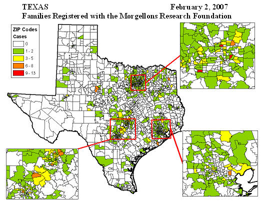 Texas ZIP-code map of families registered with the Morgellons Research Foundation, February 2, 2007.