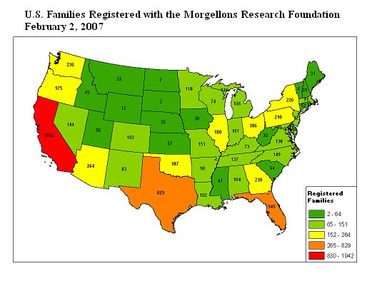 U.S. map of families registered with the Morgellons Research Foundation, February 2, 2007. California is the only state in the highest band.