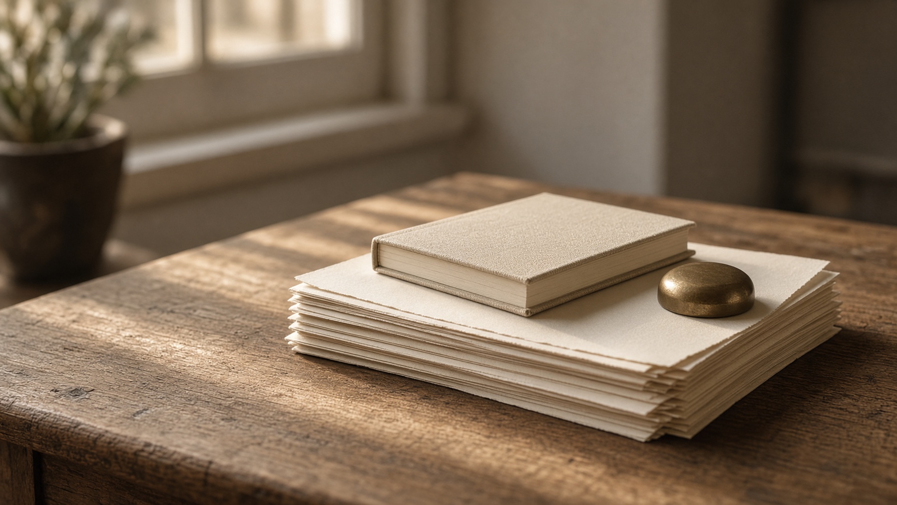 Morning light on a stack of archival papers and a closed notebook.