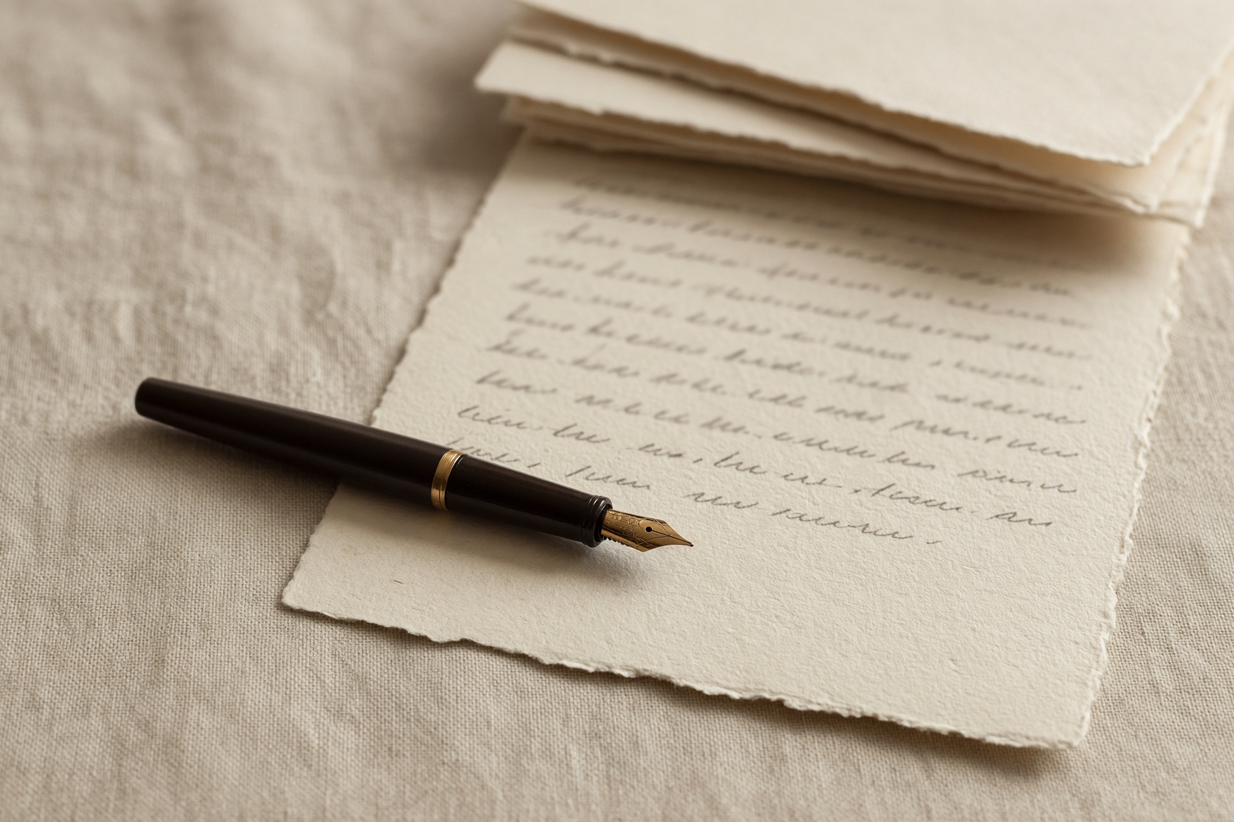 Cream stationery and a fountain pen on linen.